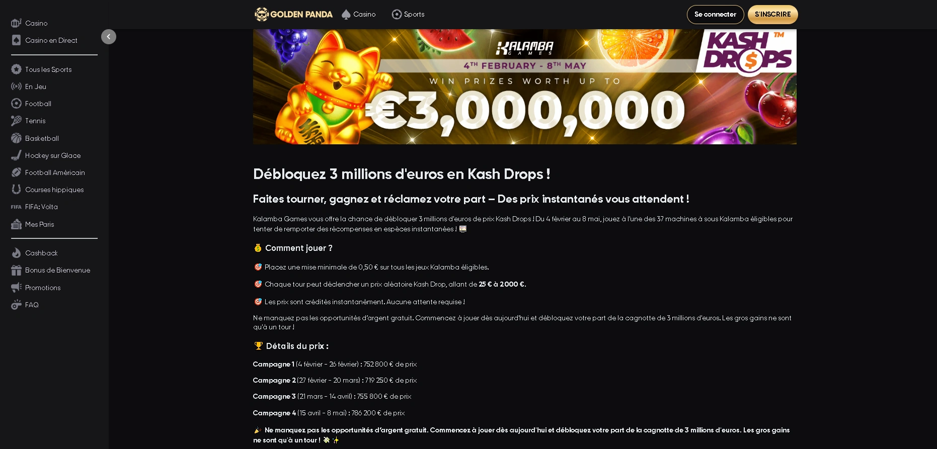 Types de bonus disponibles sur Golden Panda casino